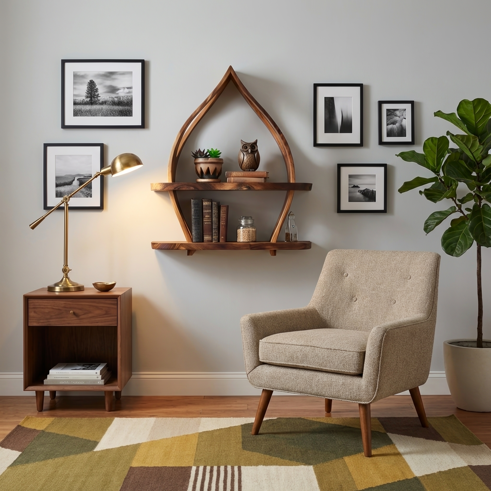 Mid Century Curved Wood Wall Shelf For Furniture Decor