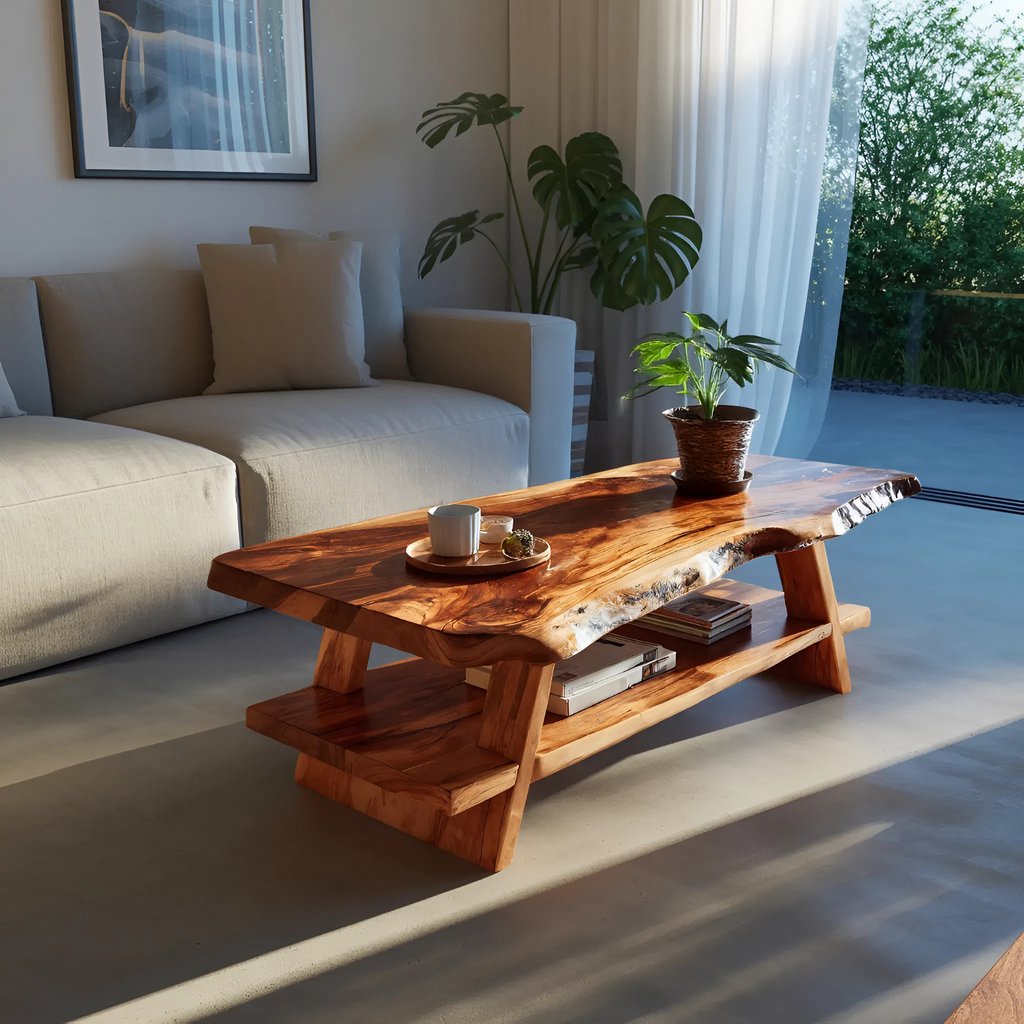 Handcrafted Coffee Table Live Edge And Lower Shelf For Living