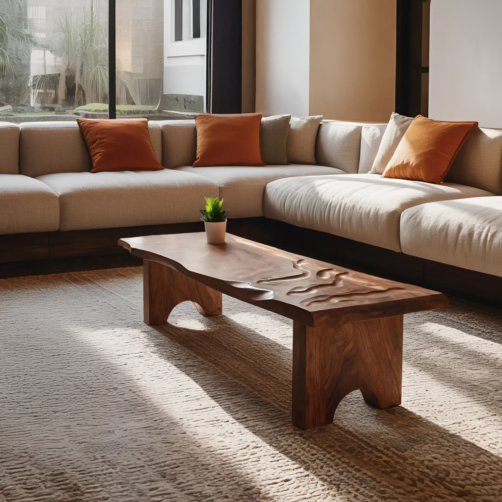 Mid Century Abstract Solid Wood Coffee Table For Entryway