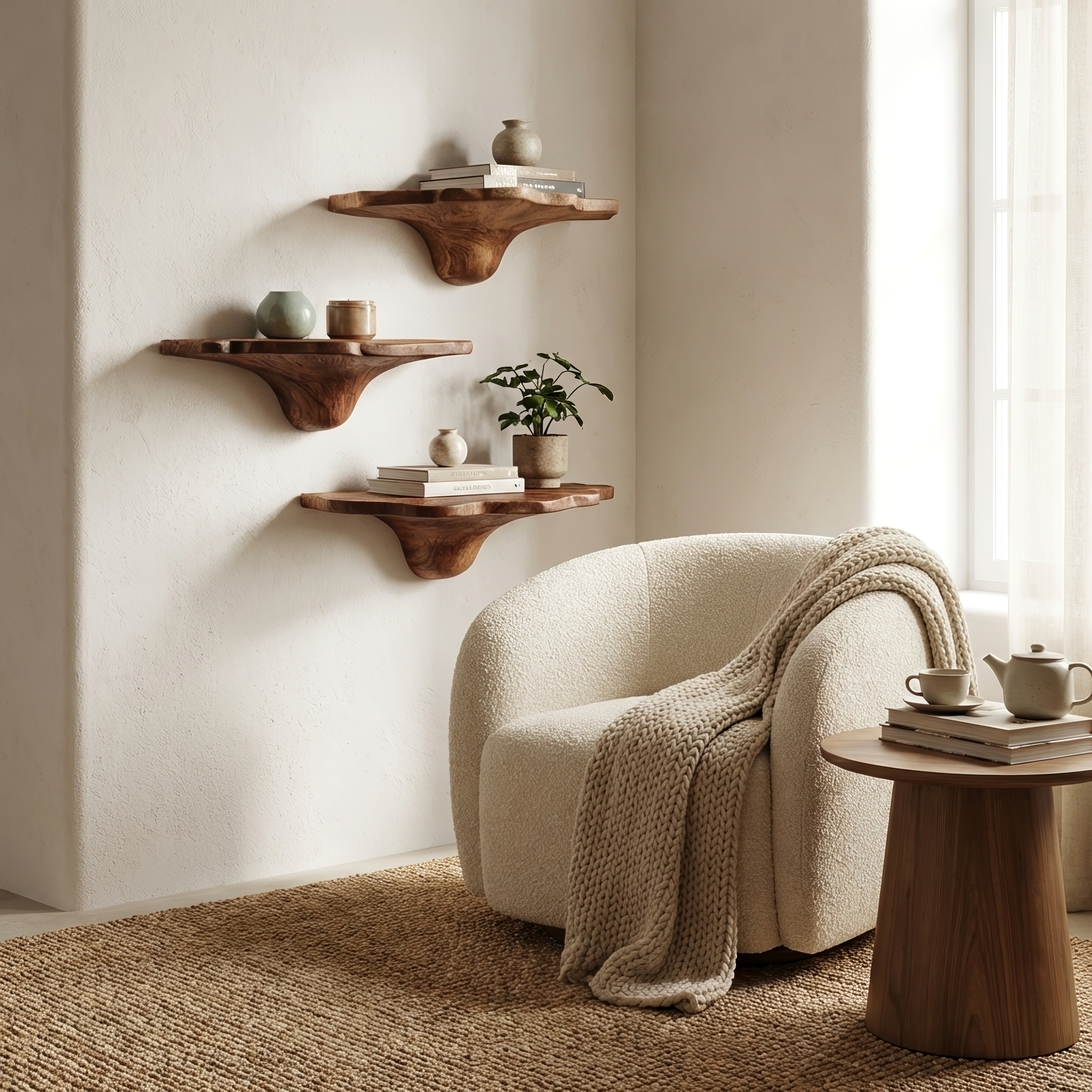 Handcrafted Wooden Mushroom Shelf For Artistic Living Room Decor