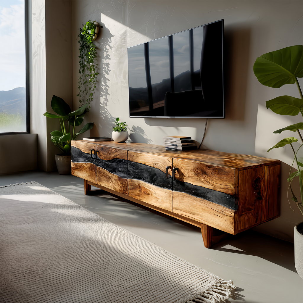Mid Century Rustic Wooden TV Stand For Living Room