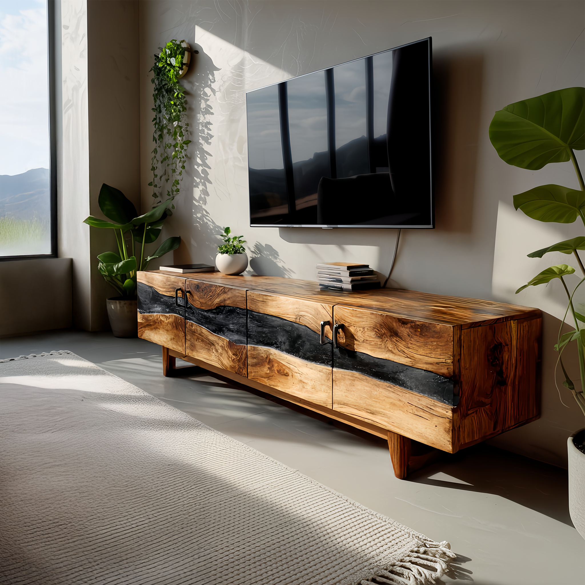 Mid Century Rustic Wooden TV Stand For Living Room