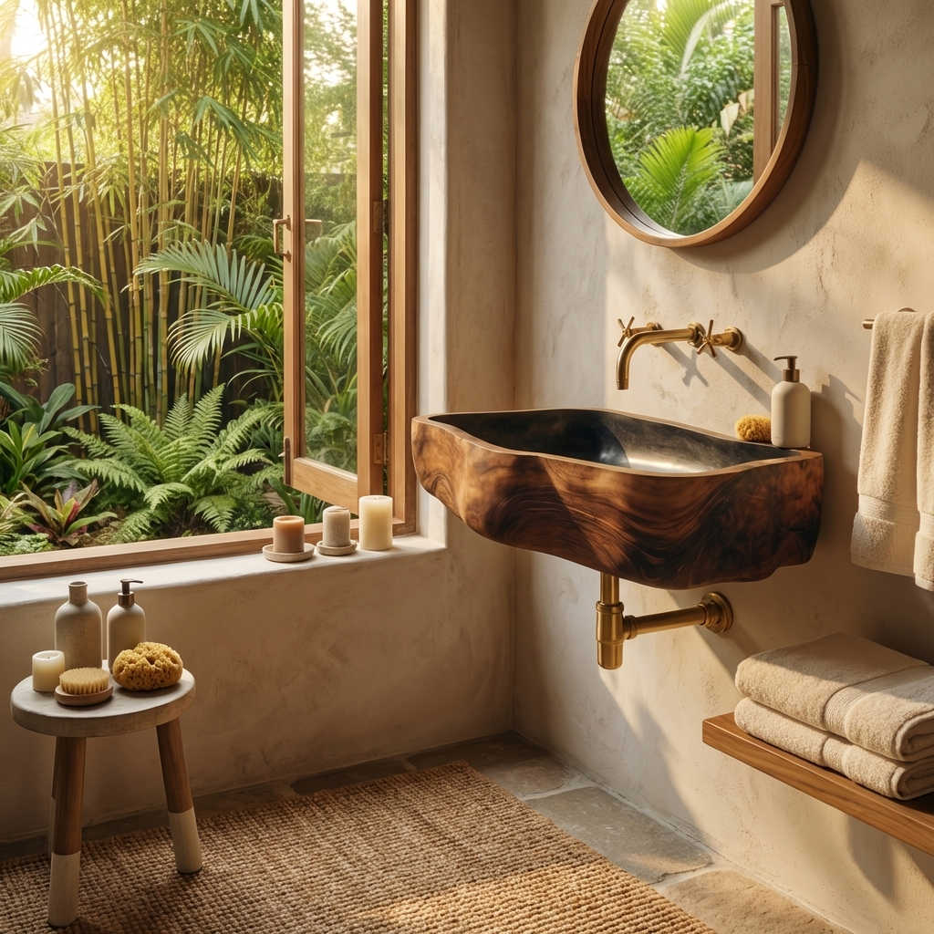 Mid Century Wooden Wall Mounted Bathroom Sink For Elegant Bathroom Design
