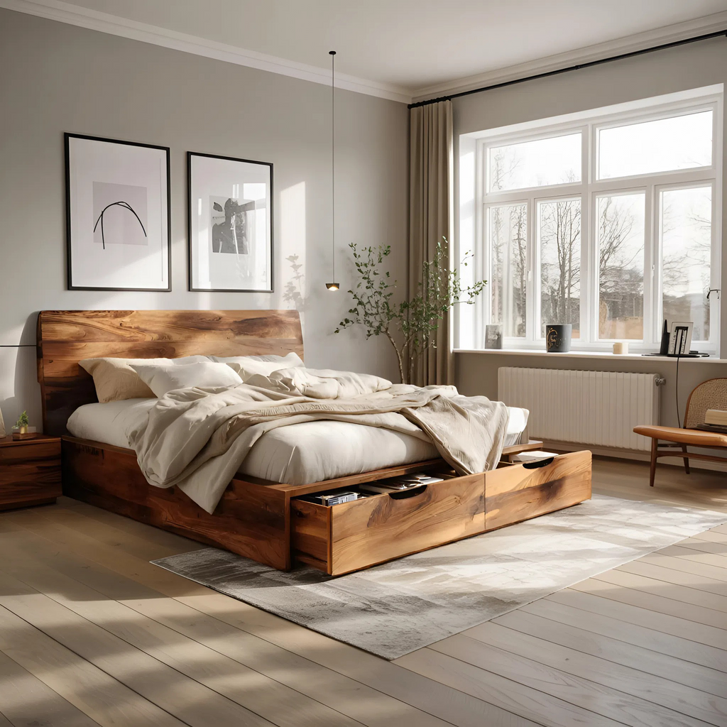 Contemporary Bed And Built-In Drawers For Bedroom