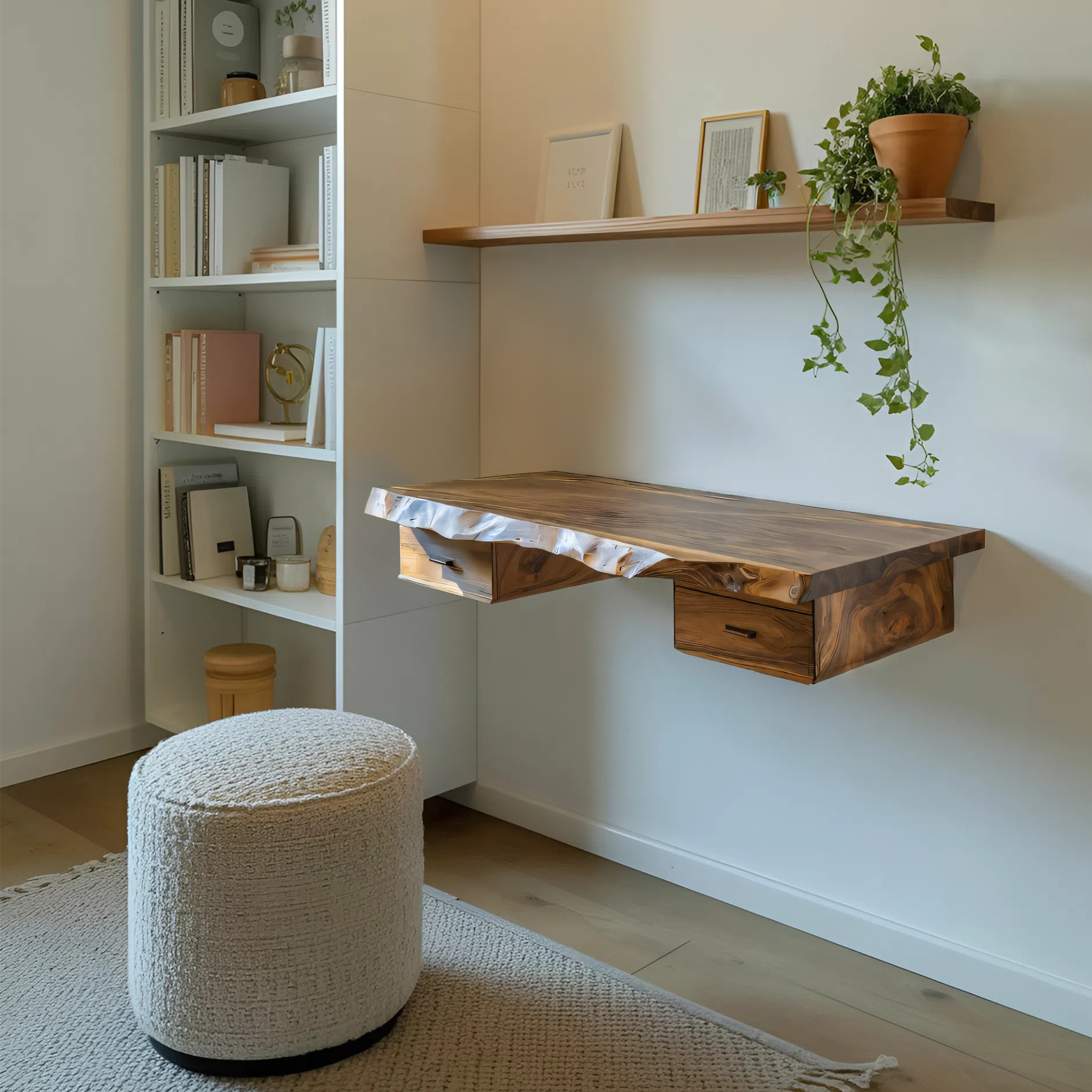 Floating Live Edge Desk With 2 Drawers For Home Office