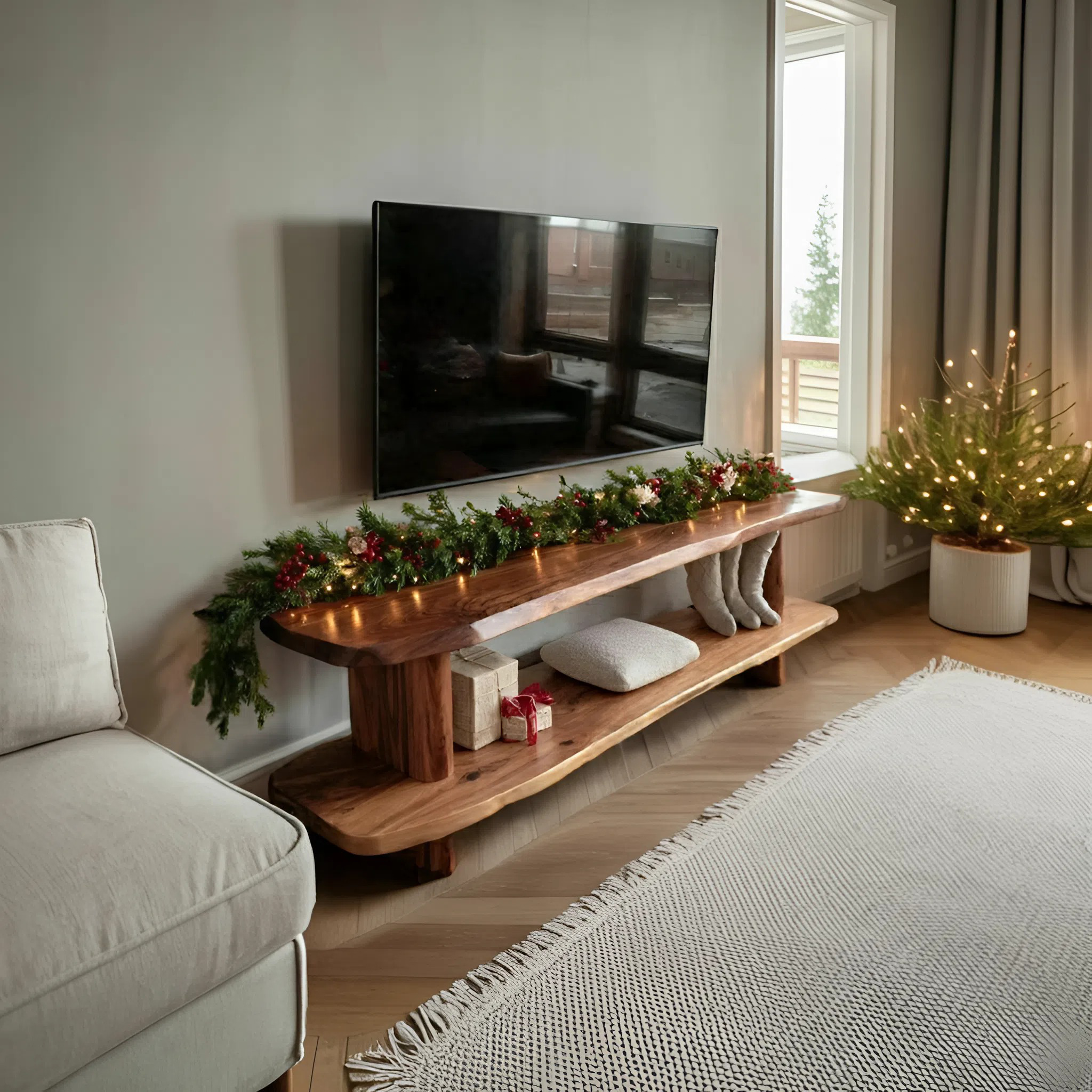 Handcrafted Live Edge Wooden TV Console For Holiday Bedroom Decor