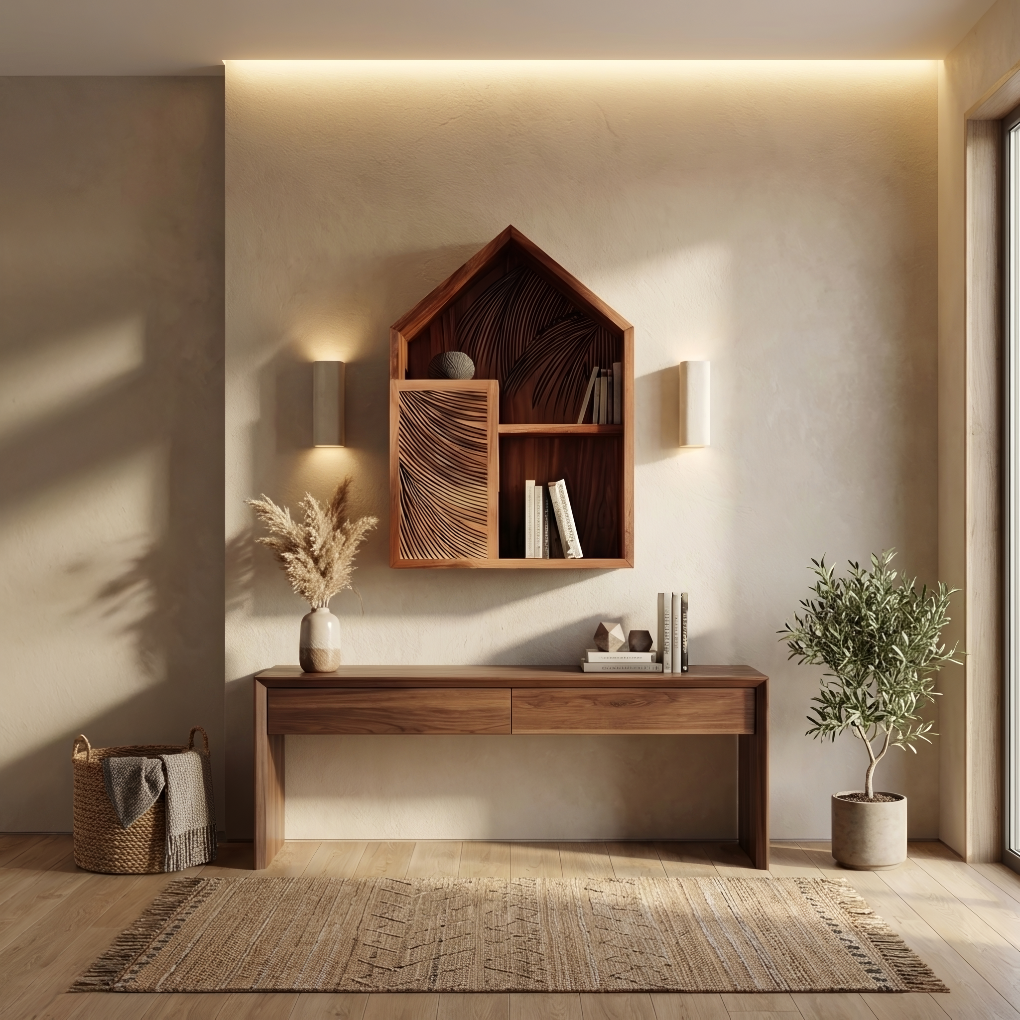 Handcrafted Wooden Wall Shelf For Living Room Decor