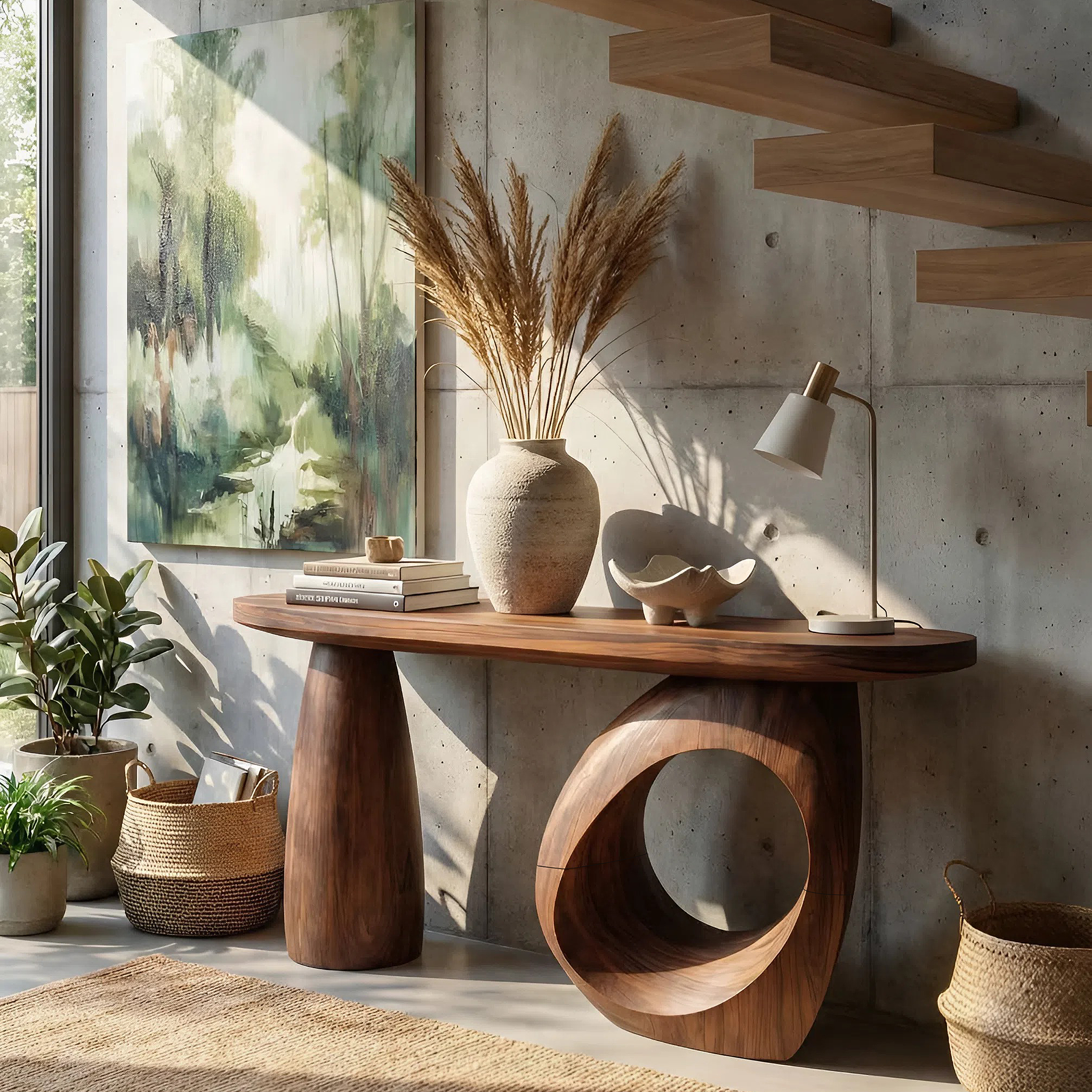 Mid Century Sculptural Live Edge Console Table For Luxury Entryway