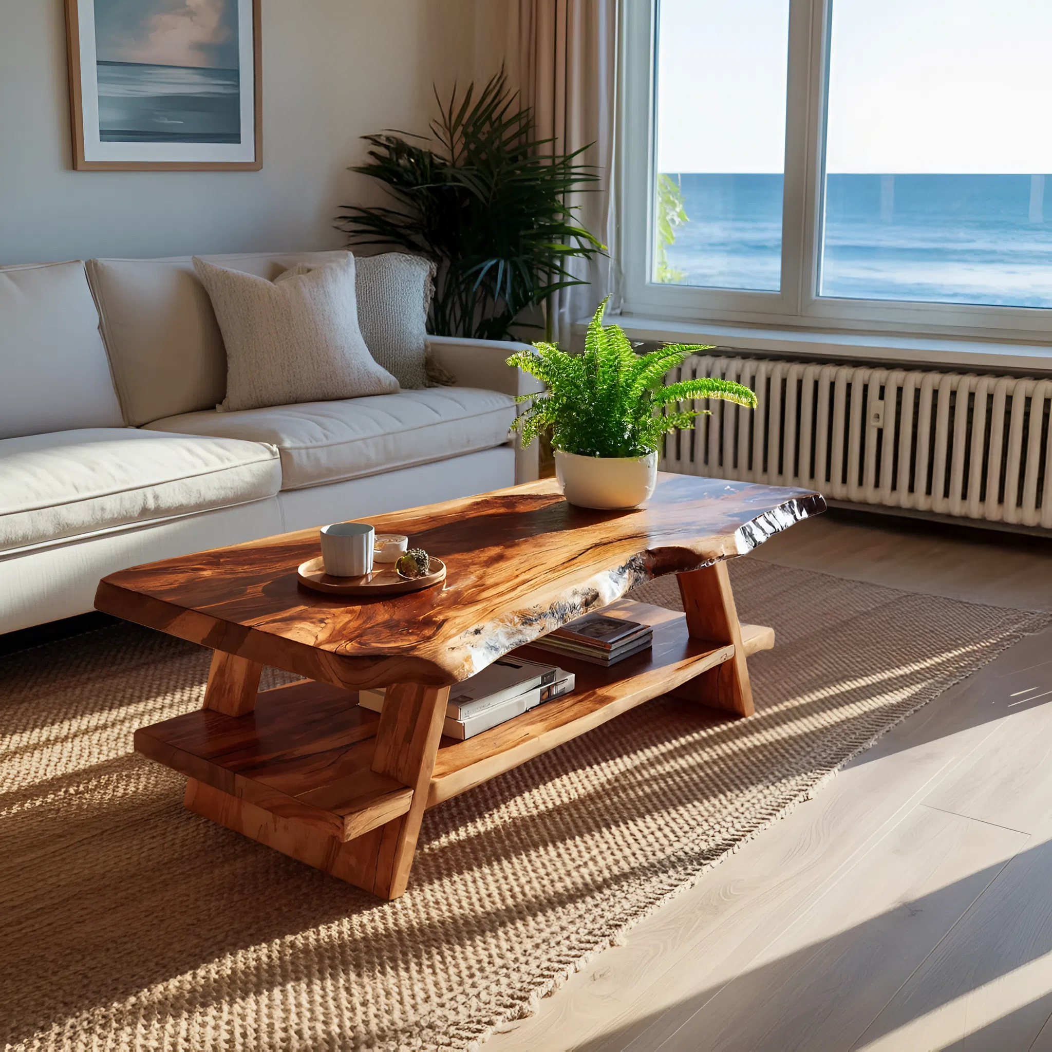 Handcrafted Coffee Table Live Edge And Lower Shelf For Living