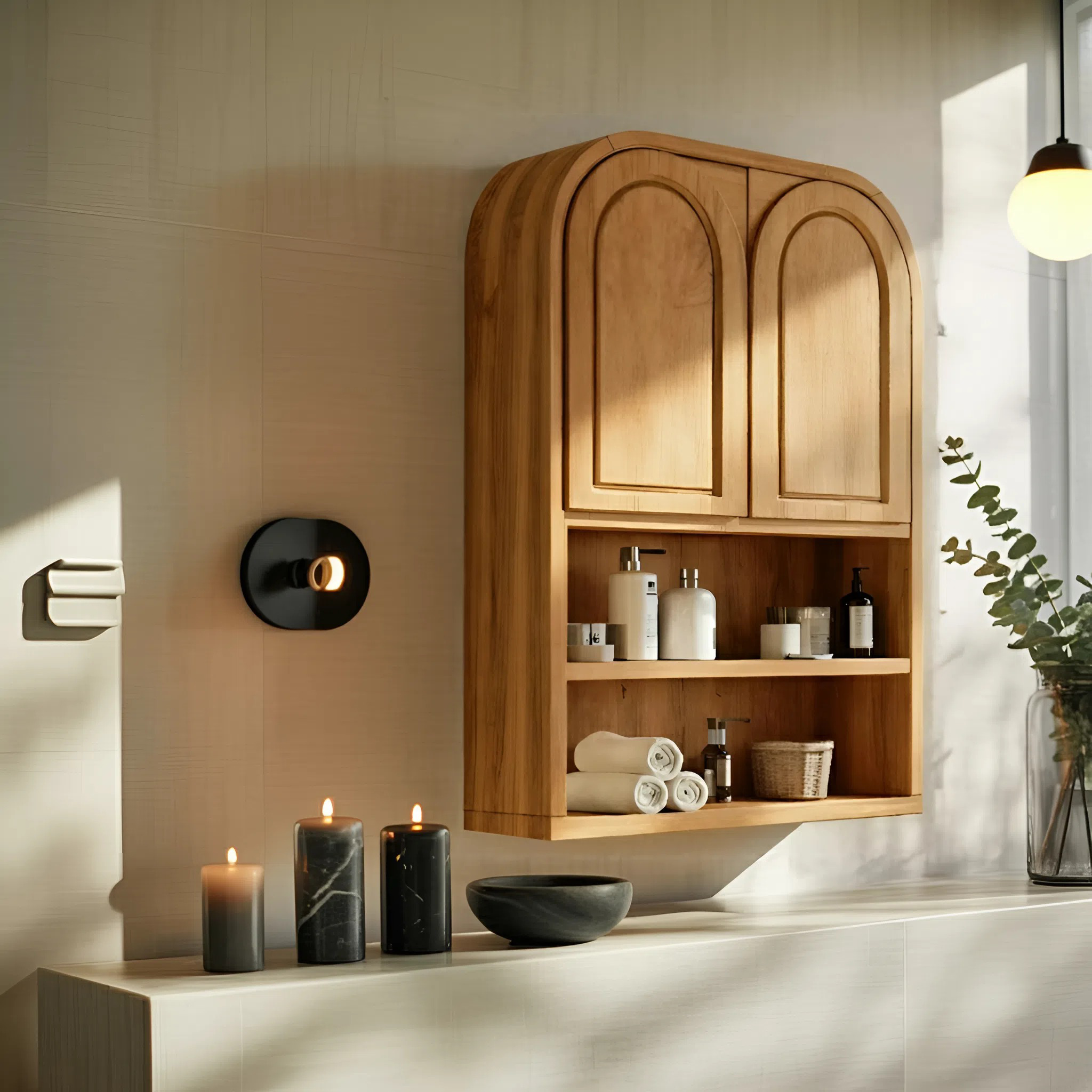 Double Arched Wall Cabinet With Open Shelves For Bathroom