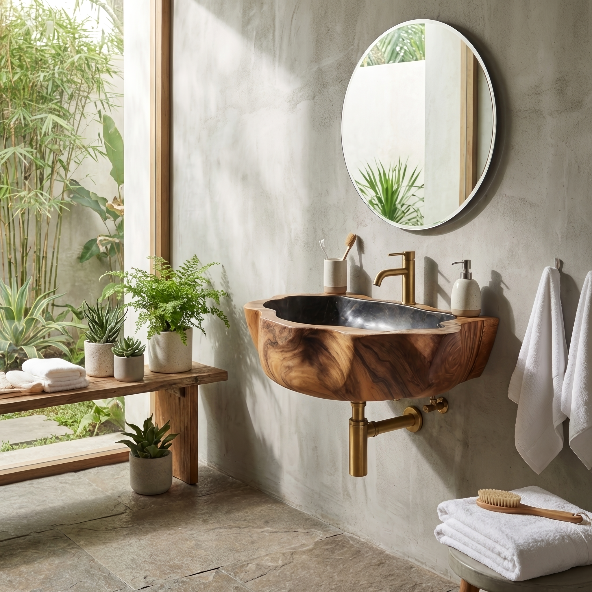 Handcrafted Wall Mounted Wooden Bathroom Sink For Natural Bathroom Decor