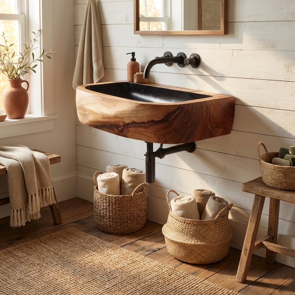 Mid Century Wall Mounted Wooden Bathroom Sink For Modern Bathroom Decor