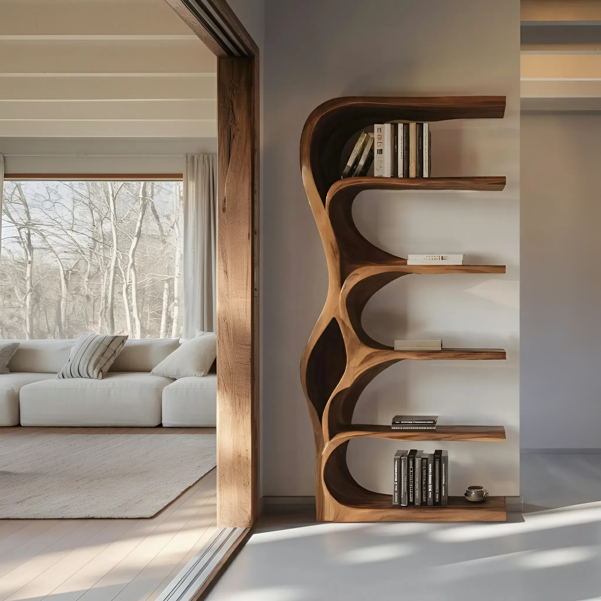 Organic Bookshelf With Curved Open Shelving For Bedroom Decor