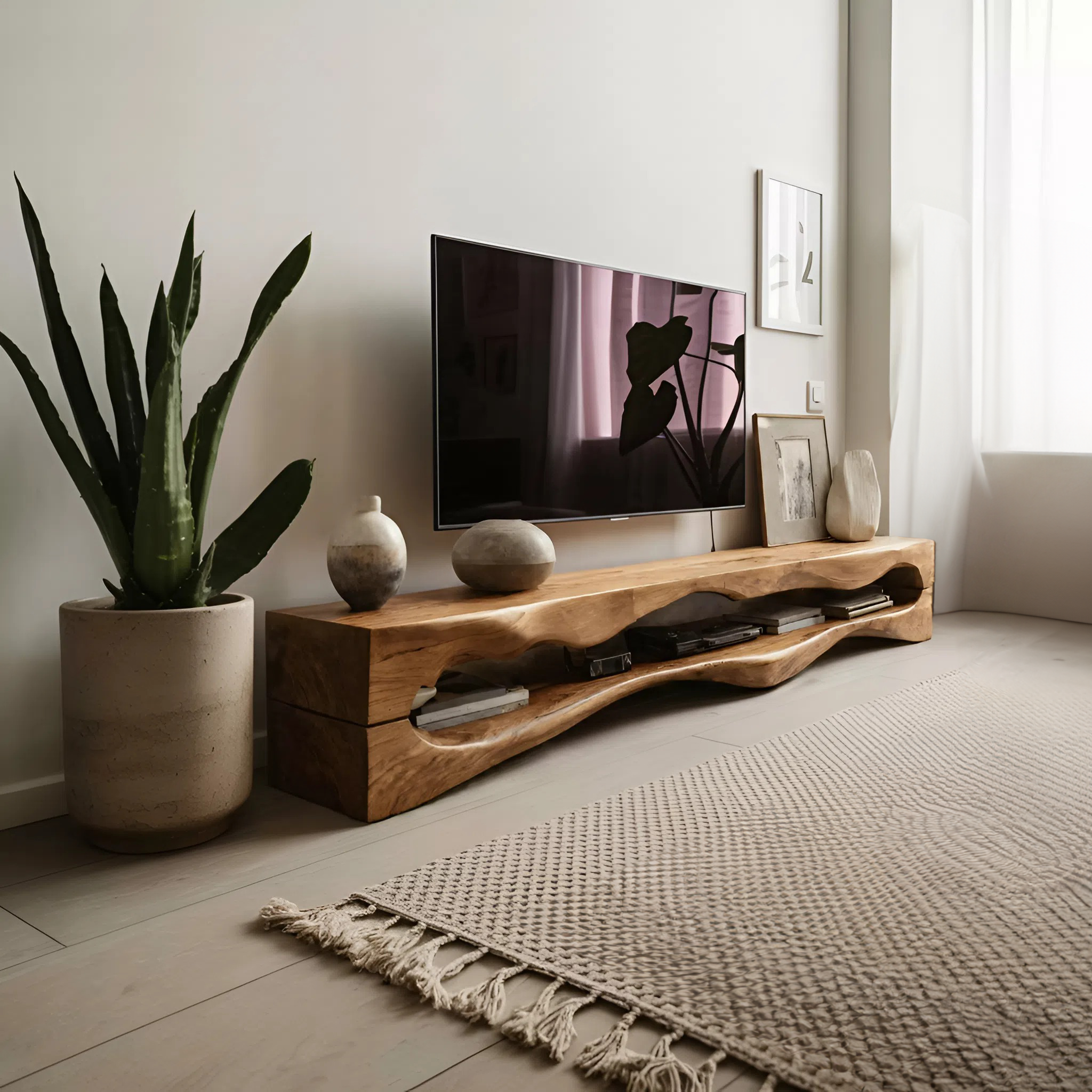 Contemporary Sculptural TV Stand Wavy Carved For Living Room