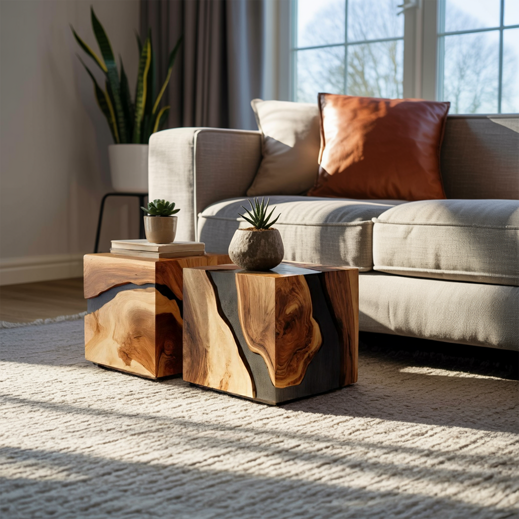 Mid Century Wooden Cube Coffee Table For Entryway Decor