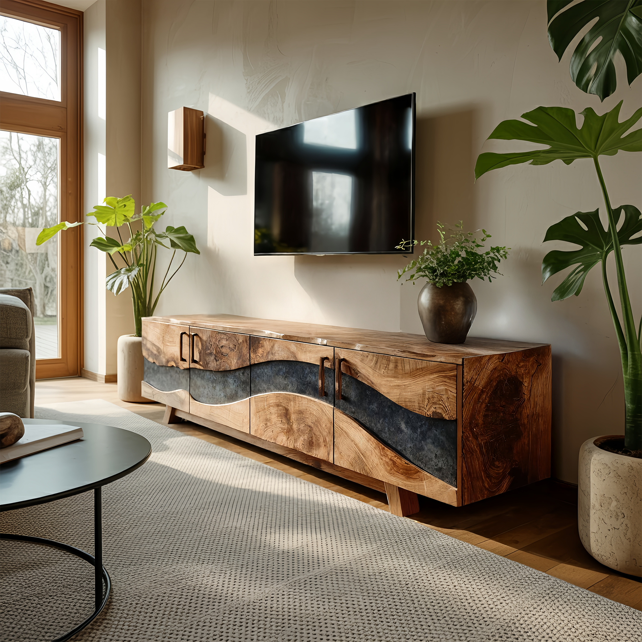 Mid Century Wooden Live Edge TV Stand For Living Room Decor