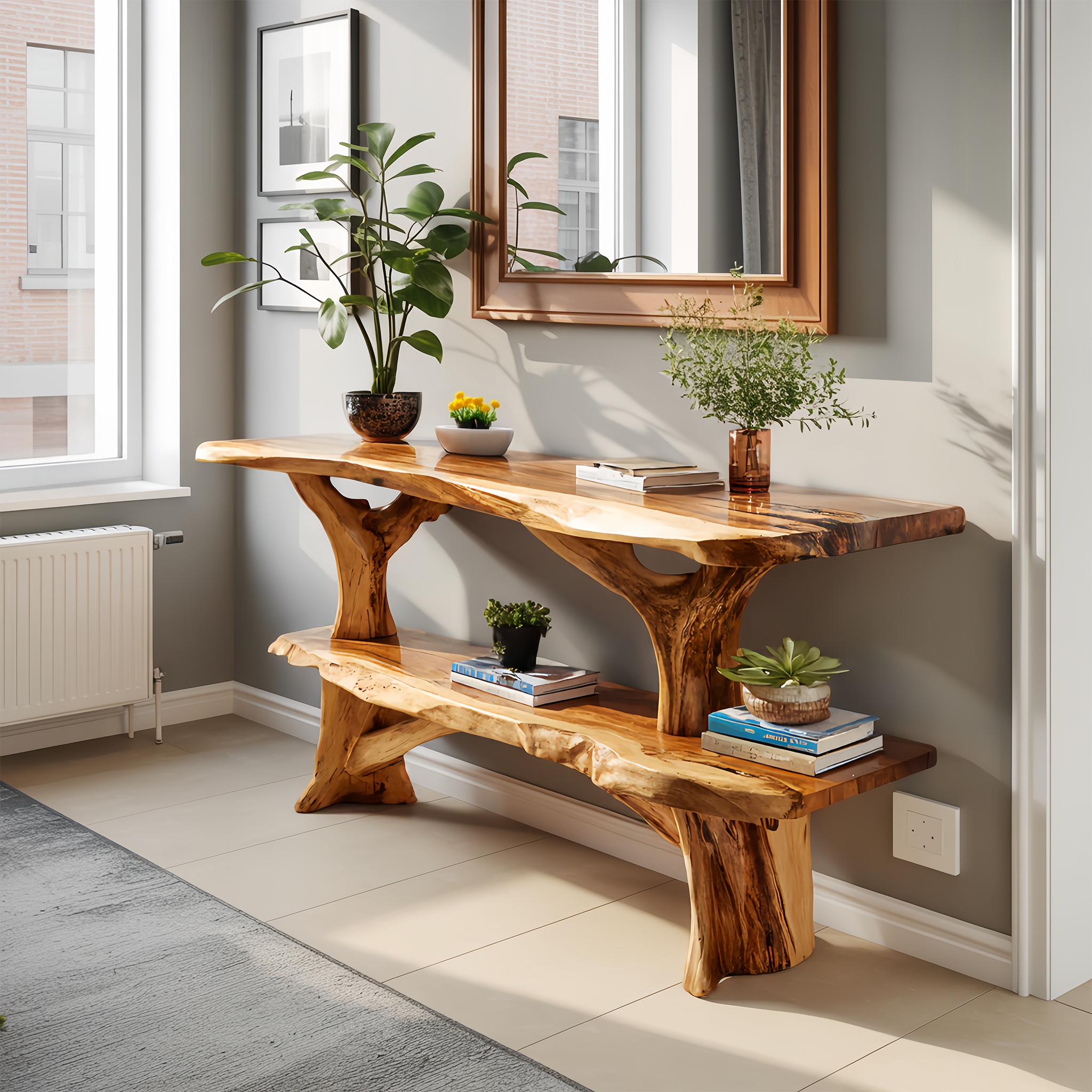 Mid Century Wooden Live Edge Console Table For Apartment Living Room