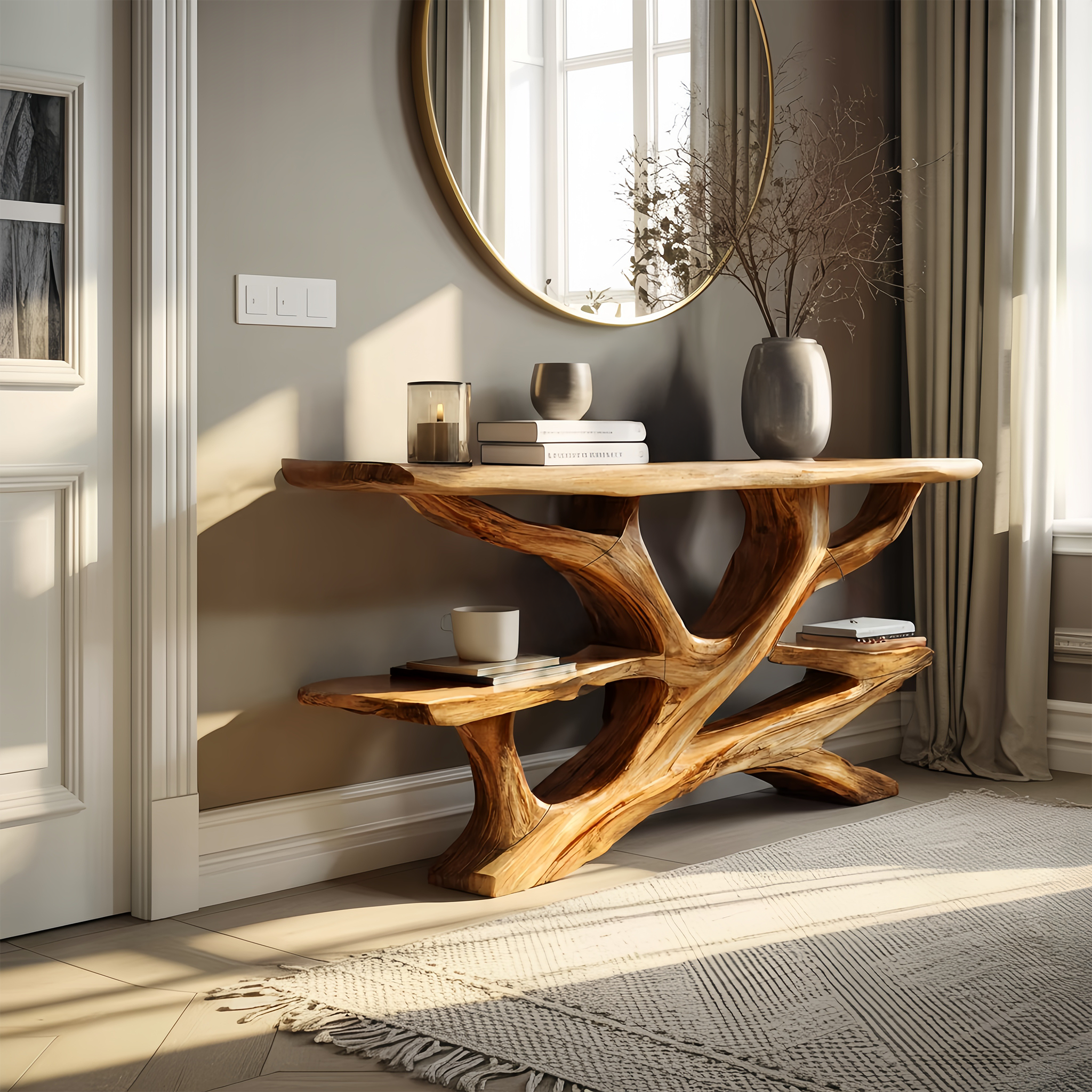 Mid Century Wooden Live Edge Console Table For Luxury Bedroom Decor