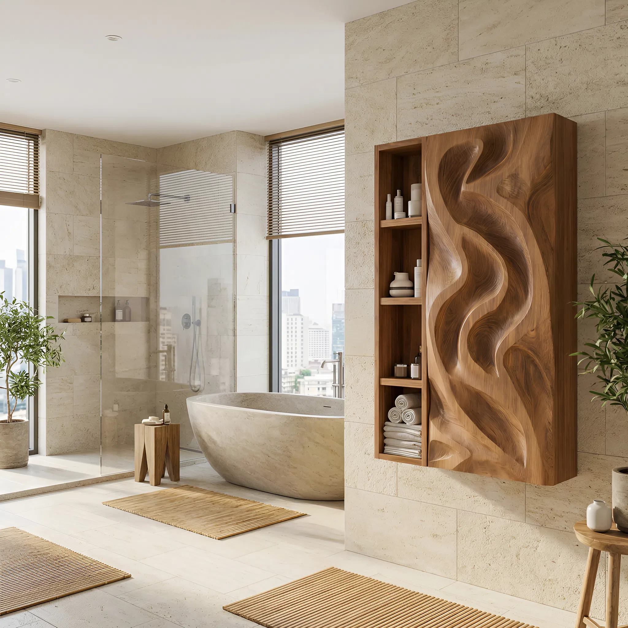 Hand-Carved Bathroom Cabinet Wave Door Design For Bathroom