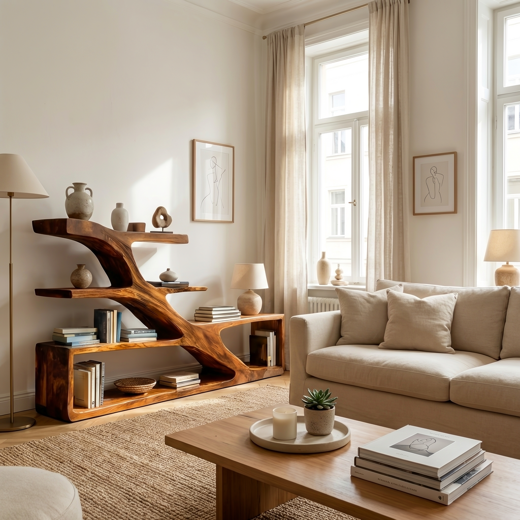 Modern Sculptural Curved Bookcase For Living Room Interior