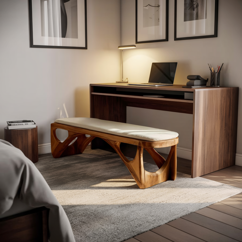 Modern Sculpted Wood Bench For Bedroom Interior Styling
