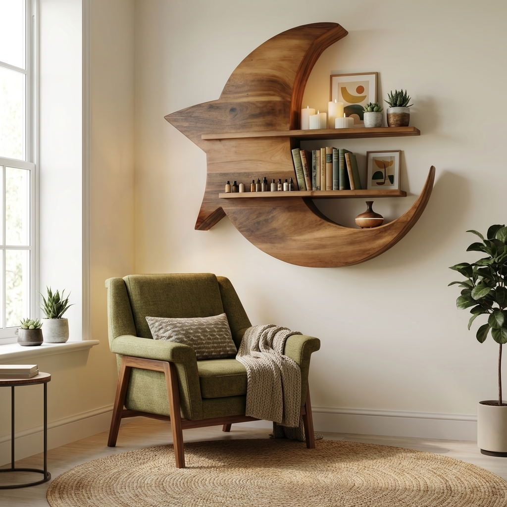 Handcrafted Moon And Star Wooden Shelf For Bedroom Decor