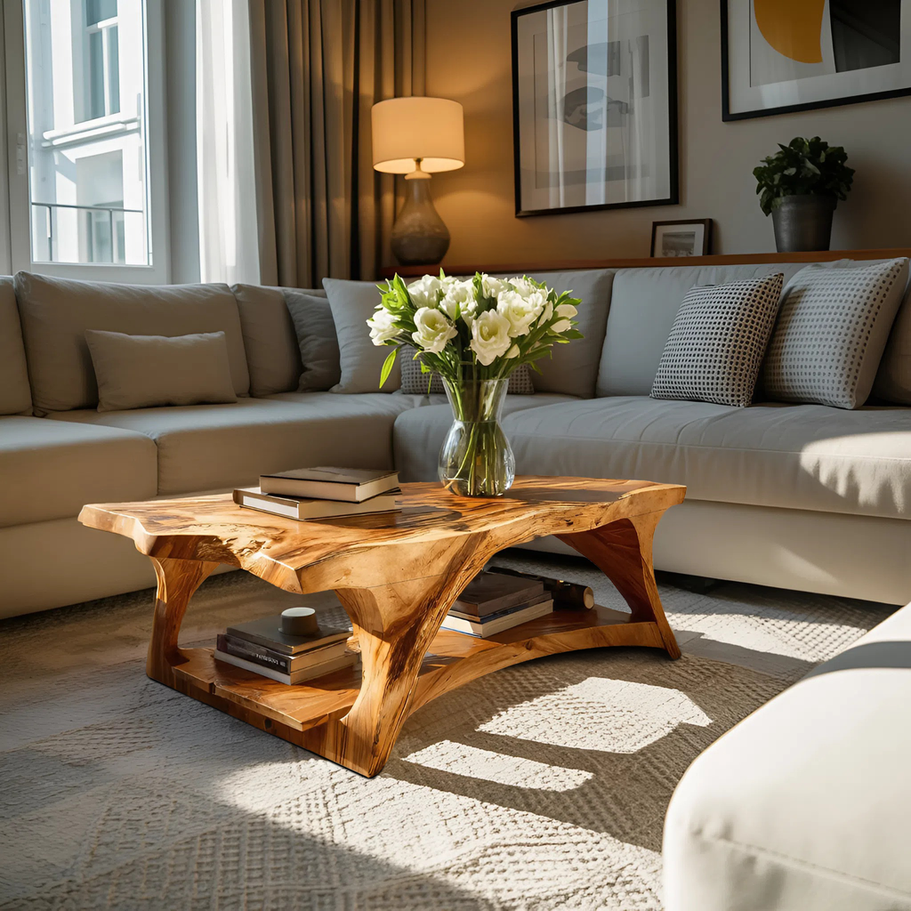 Handcrafted Coffee Table With Live Edge Legs For Living