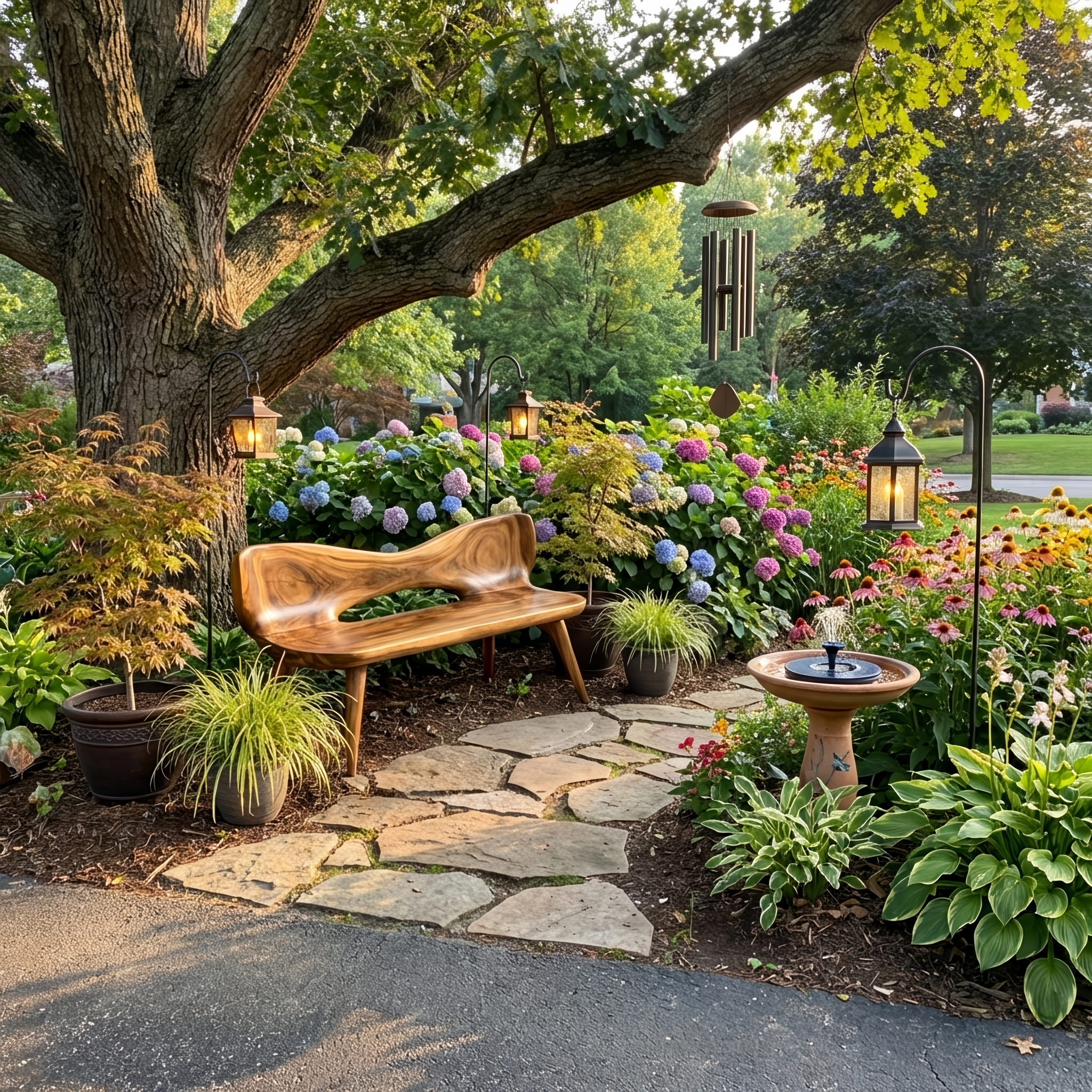 Mid Century Artistic Wooden Bench For Patio Setup