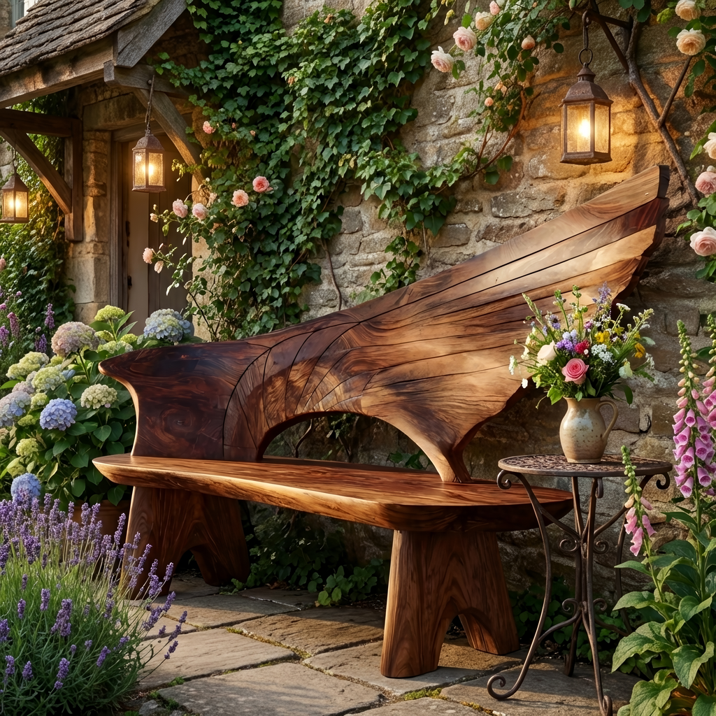 Outdoor Bench With Wing Inspired Carved Backrest For Garden
