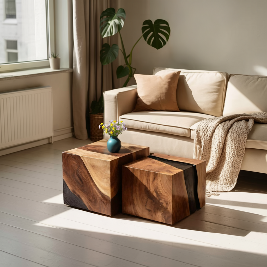 Modern Wooden Cube Coffee Table For Minimalist Living Room