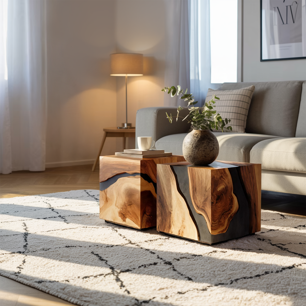 Mid Century Wooden Cube Coffee Table For Entryway Decor