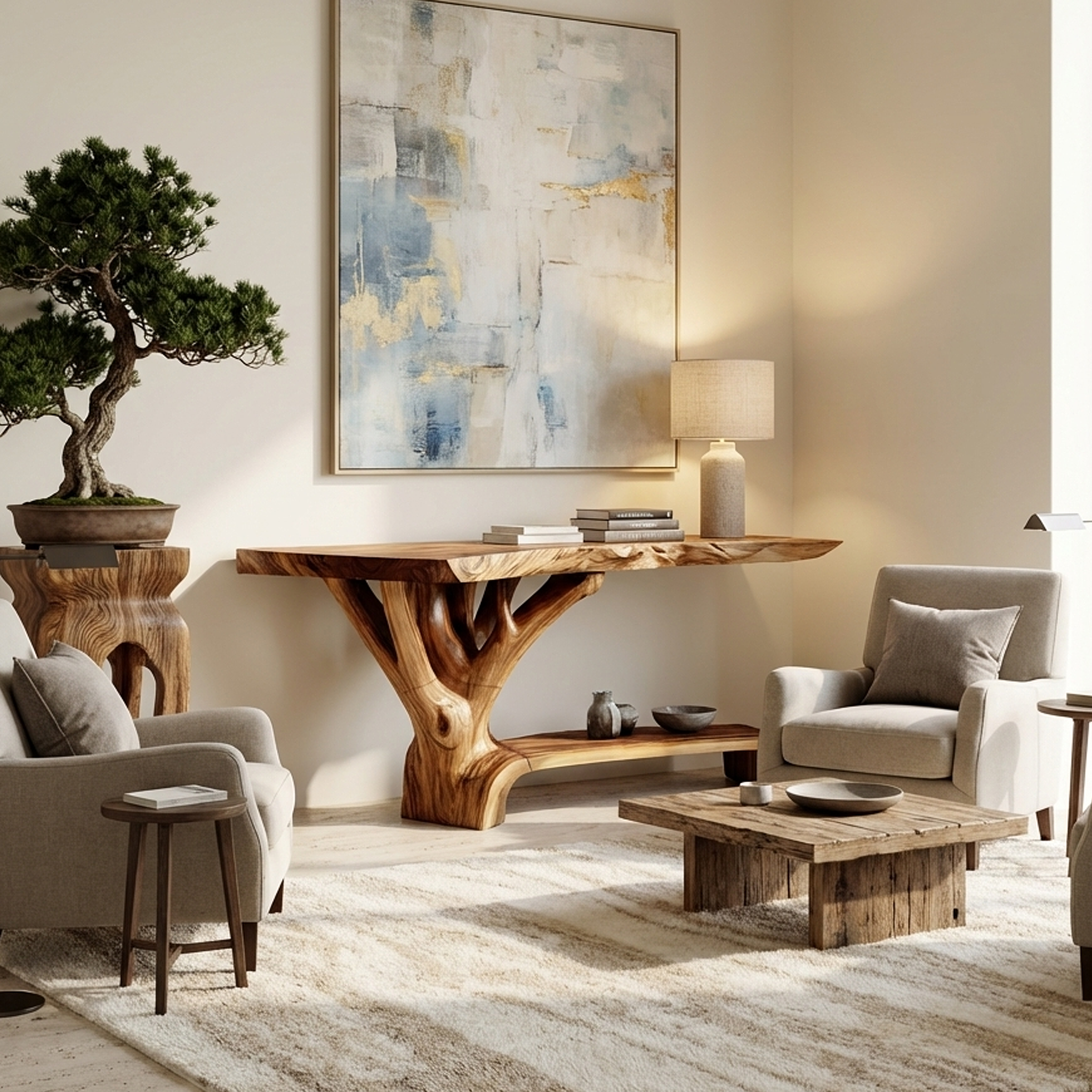 Farmhouse Solid Wood Console Table Sculptural Live Edge For Living Room