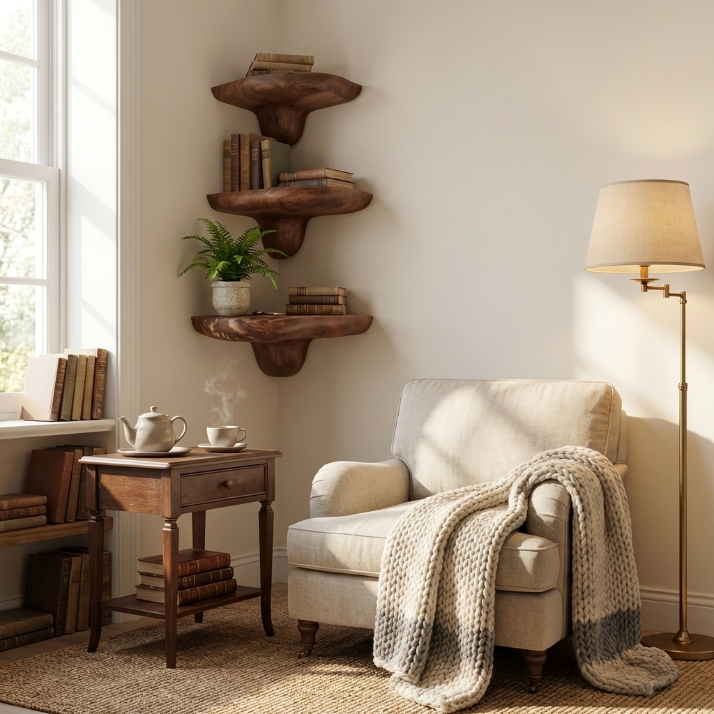 Farmhouse Handcrafted Wooden Mushroom Shelf For Entryway Design