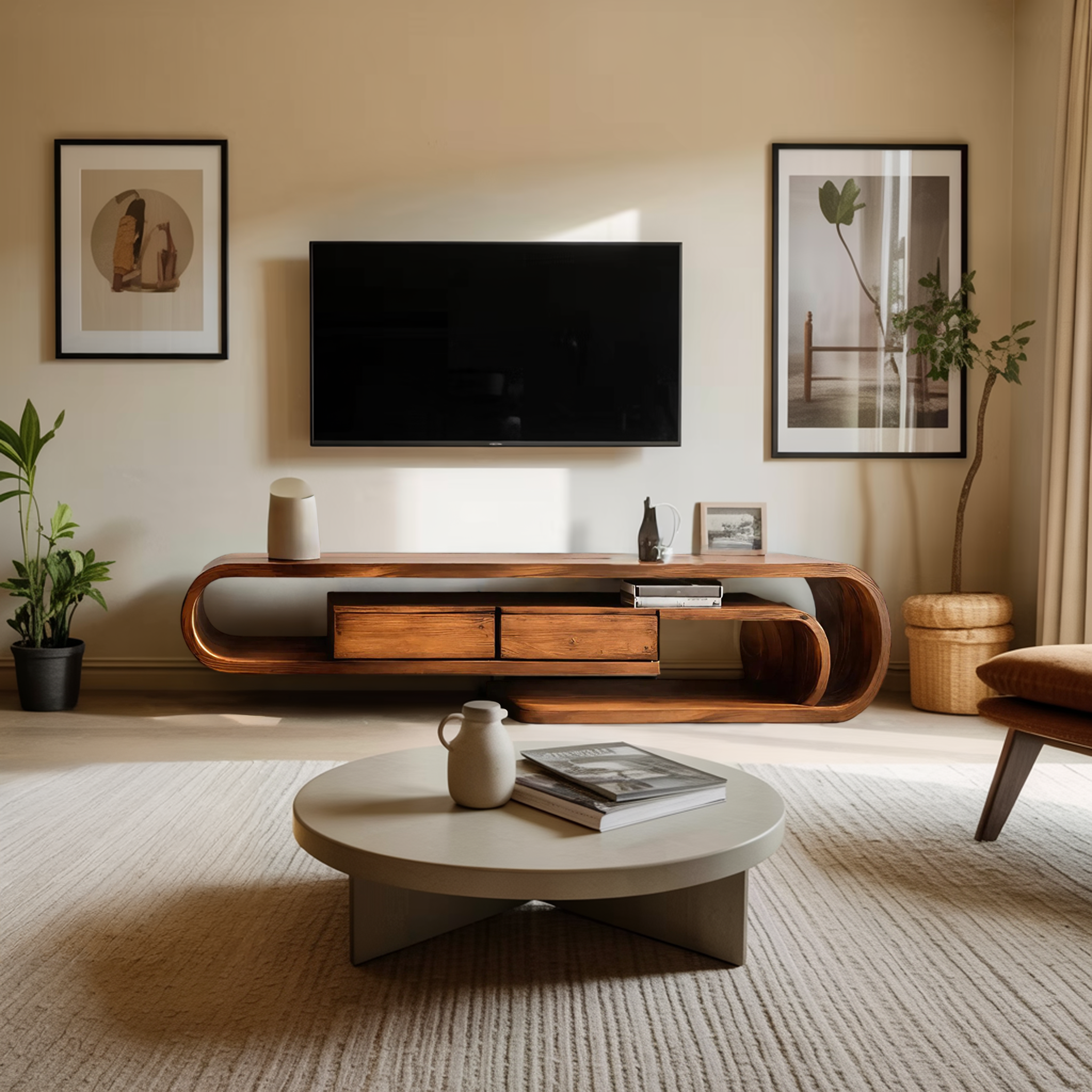 Contemporary Curved TV Shelf For Minimalist Living Room Furniture