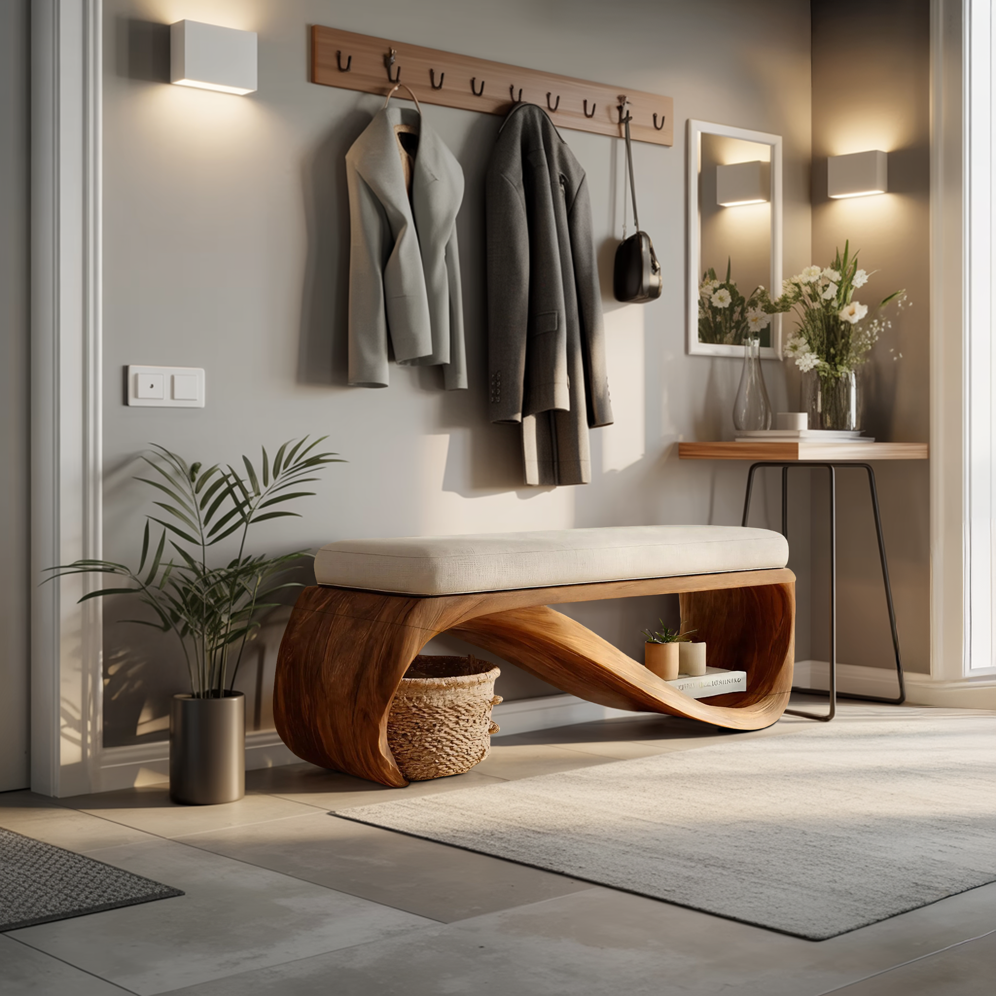 Mid Century Wooden Bench For End-of-Bed Placement
