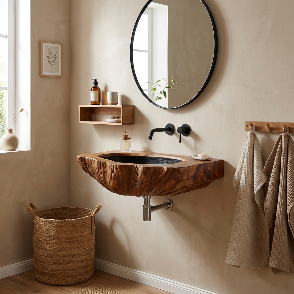 Mid Century Wall Mounted Wooden Bathroom Sink For Unique Bathroom Decor