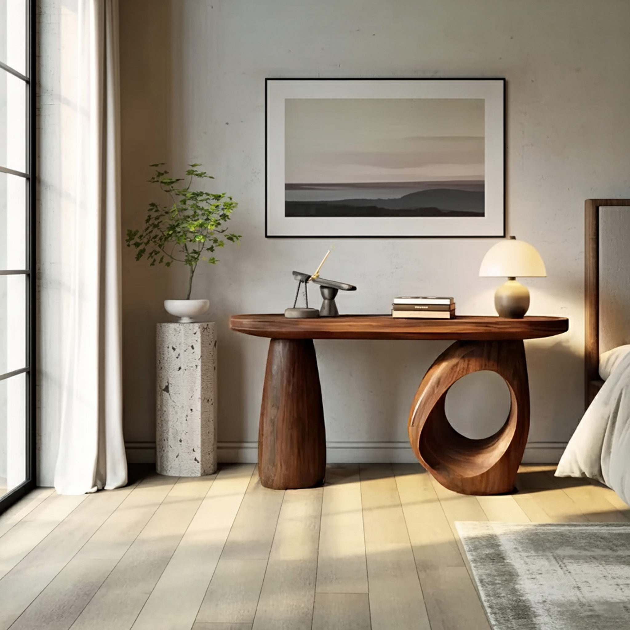 Mid Century Sculptural Live Edge Console Table For Luxury Entryway