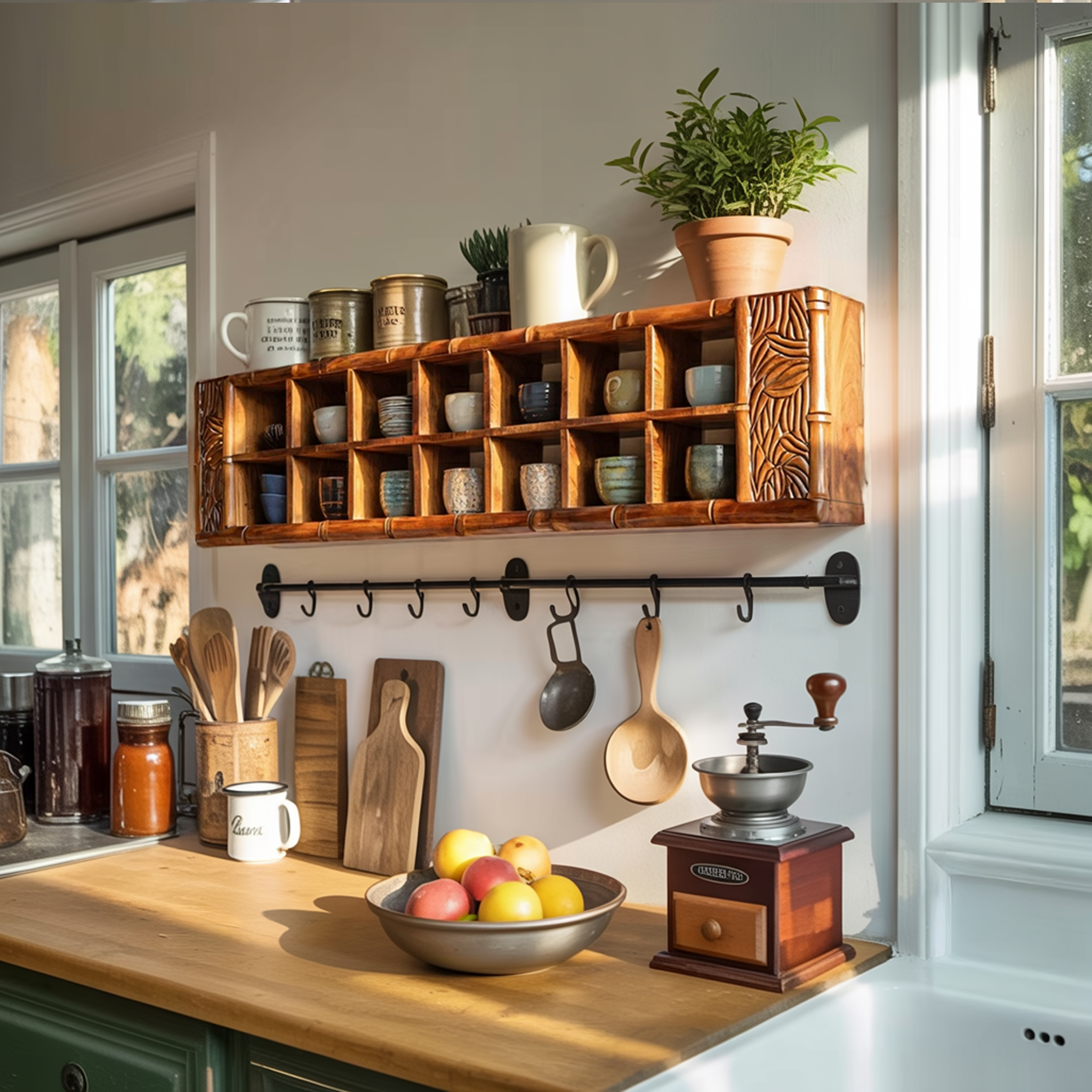 Minimalist Wooden Shelf With Hooks For Pantry Organization