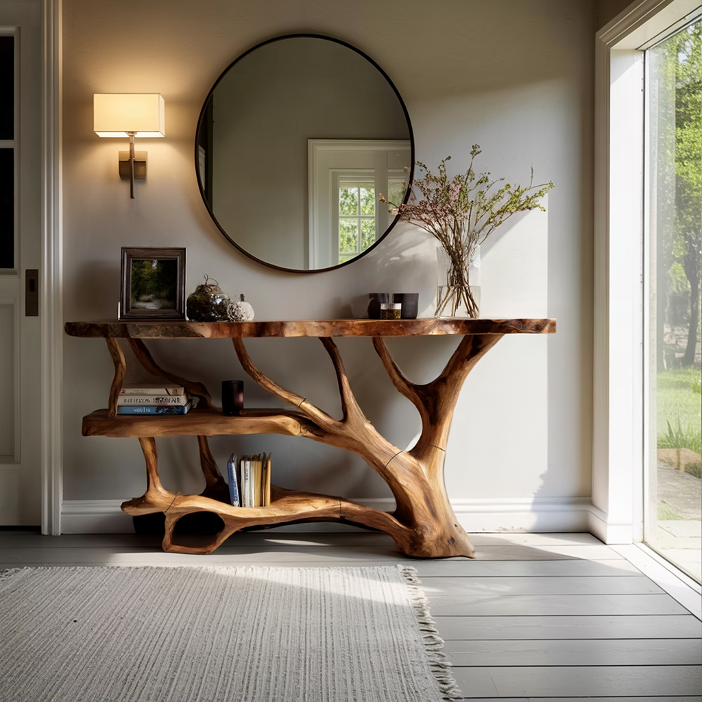 Farmhouse Wooden Live Edge Console Table For Country Living Room Decor