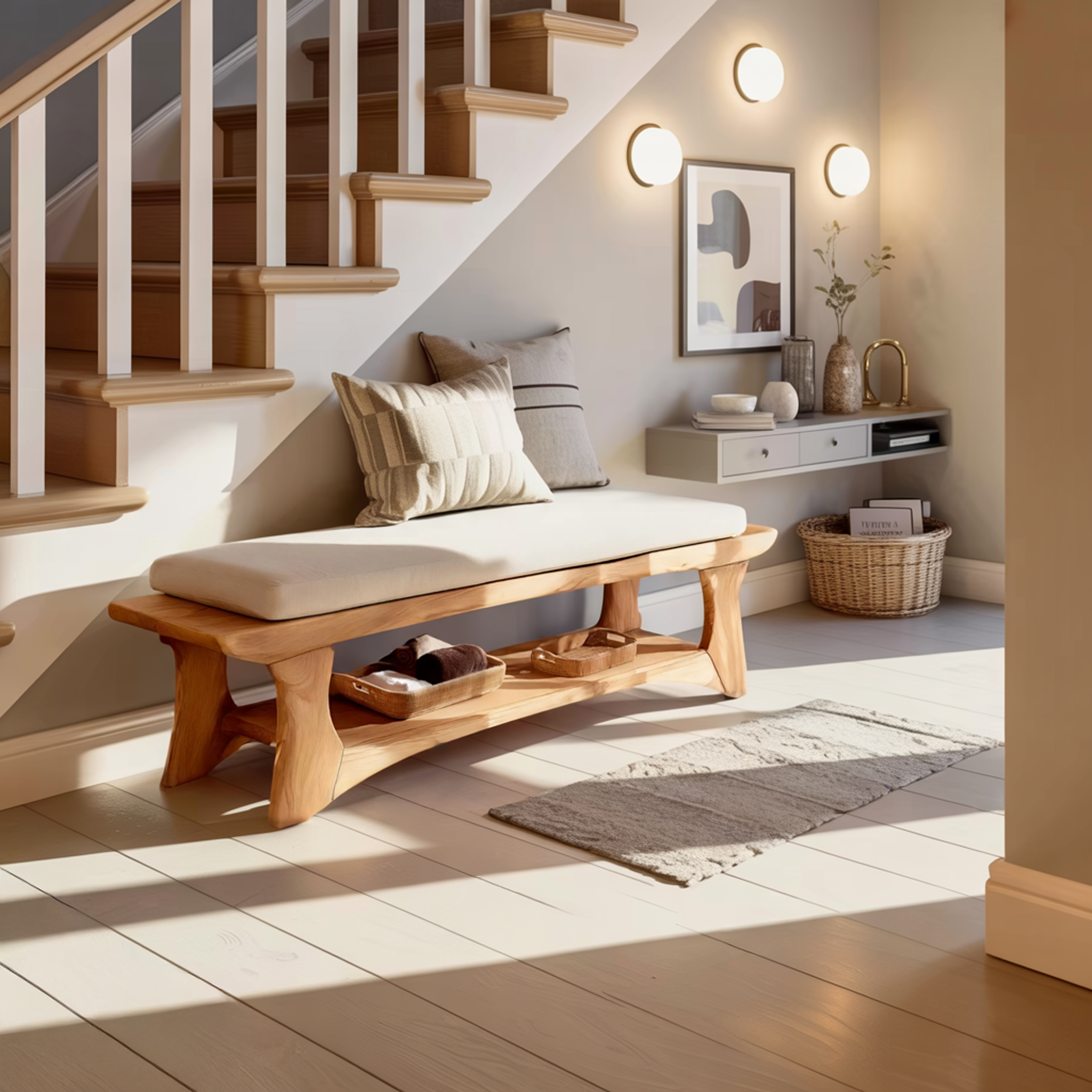 Minimalist Curved Wood Bench For End-of-Bed Design