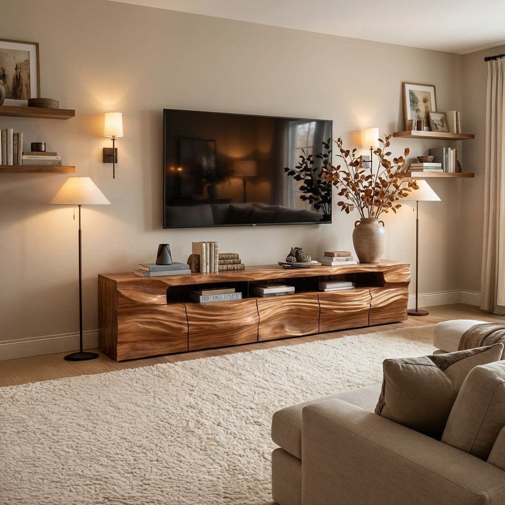 Modern Sculptural TV Console With Drawers For Living Room