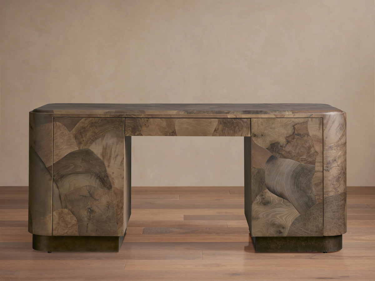 Polanco Executive Desk in Mexican Ash Burl with Soft-Close Drawer and Shelving