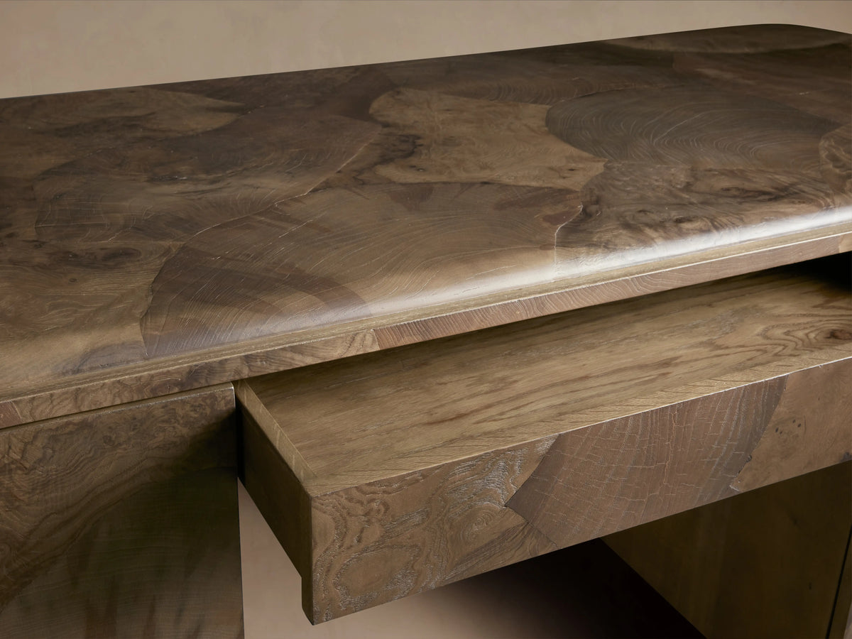 Polanco Executive Desk in Mexican Ash Burl with Soft-Close Drawer and Shelving
