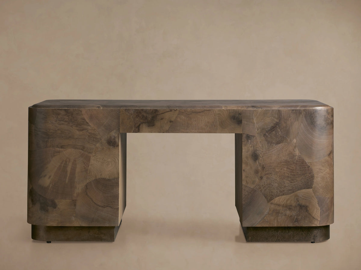 Polanco Executive Desk in Mexican Ash Burl with Soft-Close Drawer and Shelving