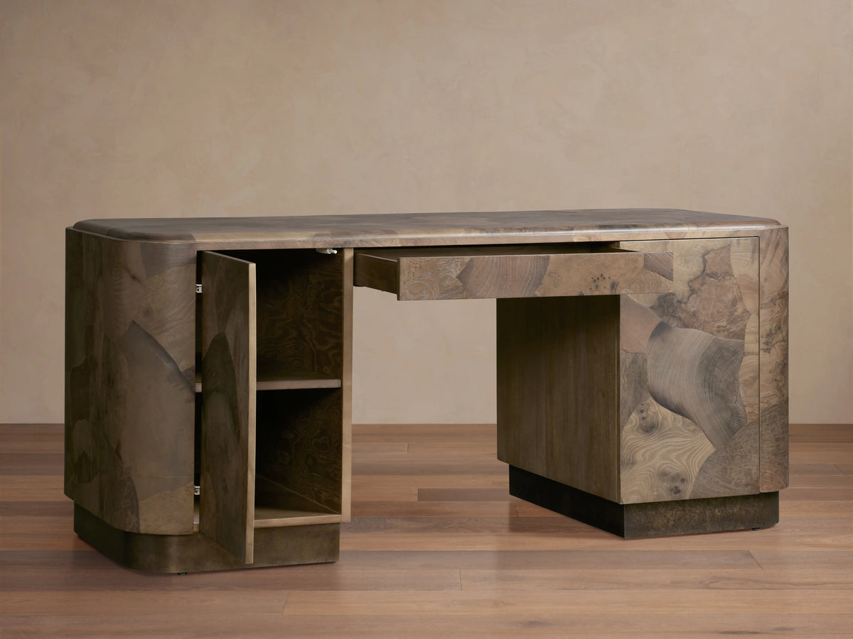 Polanco Executive Desk in Mexican Ash Burl with Soft-Close Drawer and Shelving