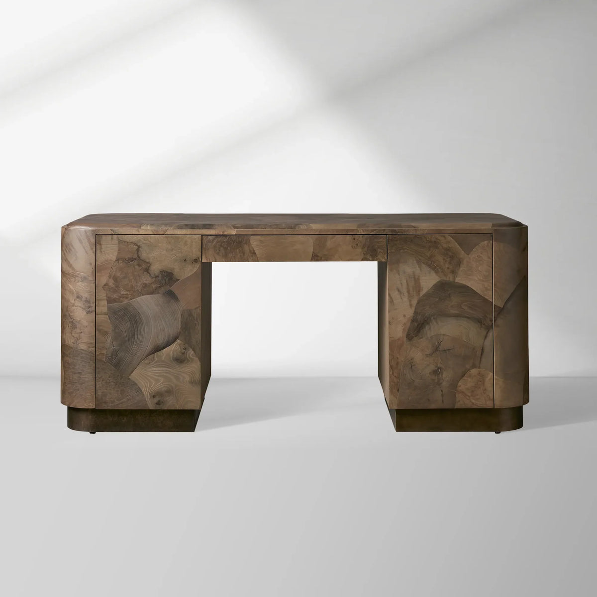 Polanco Executive Desk in Mexican Ash Burl with Soft-Close Drawer and Shelving