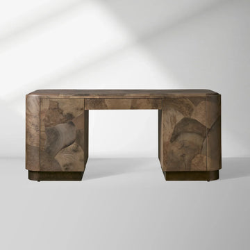 Polanco Executive Desk in Mexican Ash Burl with Soft-Close Drawer and Shelving