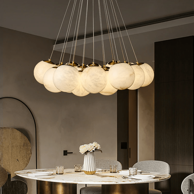 Post Modern Alabaster Globe Ceiling Pendant Light, Alabaster Chandelier Over Dining Table - 19 Ballscasivra