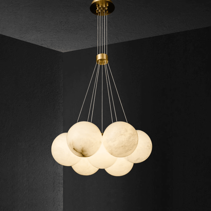 Post Modern Alabaster Globe Ceiling Pendant Light, Alabaster Chandelier Over Dining Table - 7 Ballscasivra