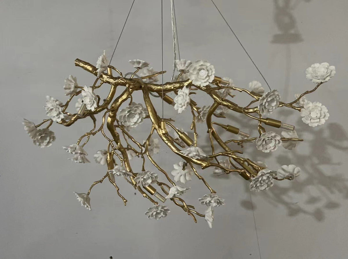 Post - Modern Art Brass and Ceramics Flower Pendant Branch Chandelier for Living/Dining Room - L49.2"*W19.7"*H21.7"Warm Lightcasivra